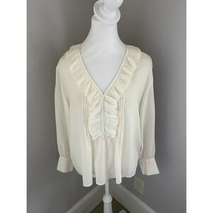 SANDRO‎ Paris Women's White Long Sleeve Ruffle V-Neck Blouse Top